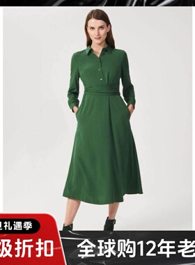HOBBS长袖连衣裙衬衫裙深绿色裹腰系带中长高腰修身优雅气质百搭