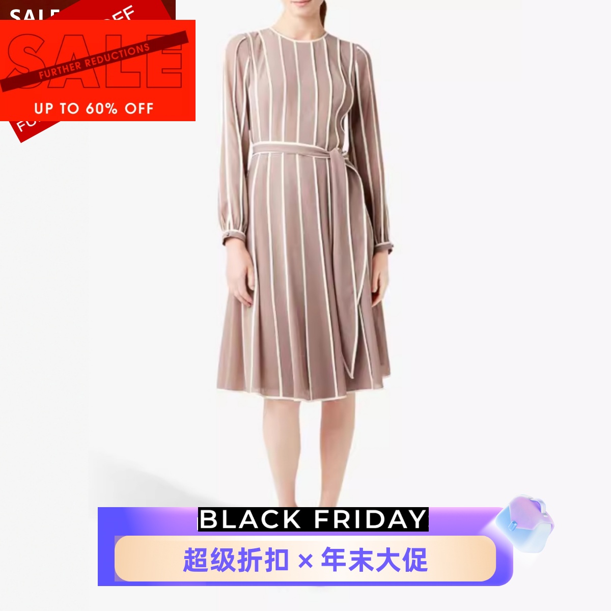 HOBBS新款长袖连衣裙中长百褶裙系带粉色竖条纹清新淑女通勤百搭