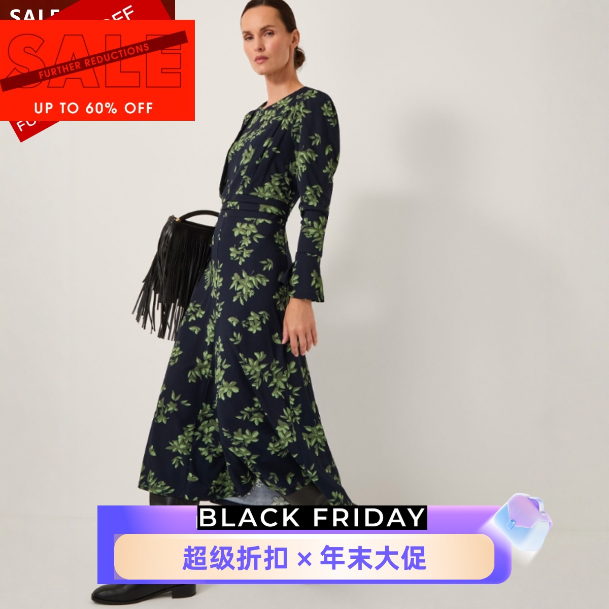 UNI CLOSET长袖连衣裙中长款藏蓝墨绿叶子碎花高腰修身优雅气质