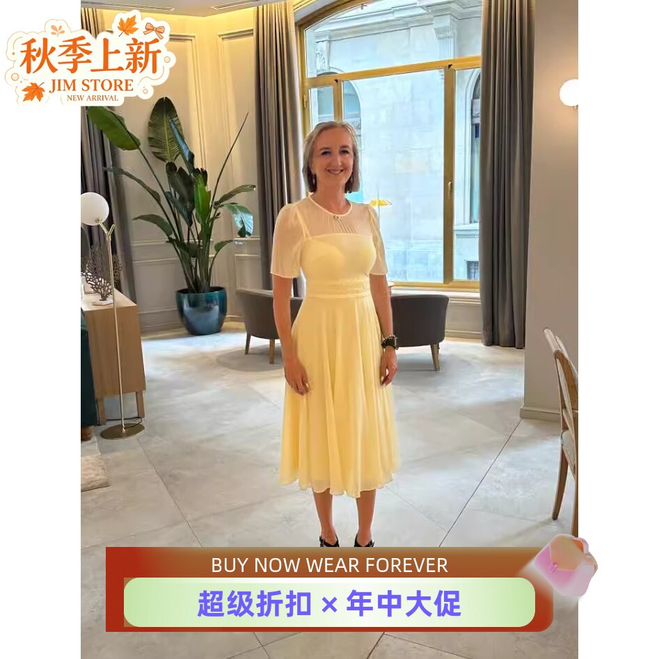 HOBBS淡黄中长连衣裙高腰