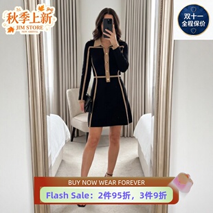 REISS黑色长袖连衣裙POLO针织裙驼色条纹装饰高腰修身气质显瘦