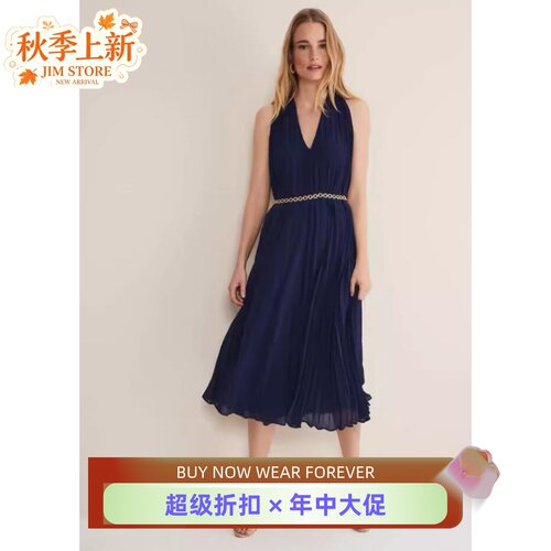 PhaseEight藏蓝百褶连衣裙优雅