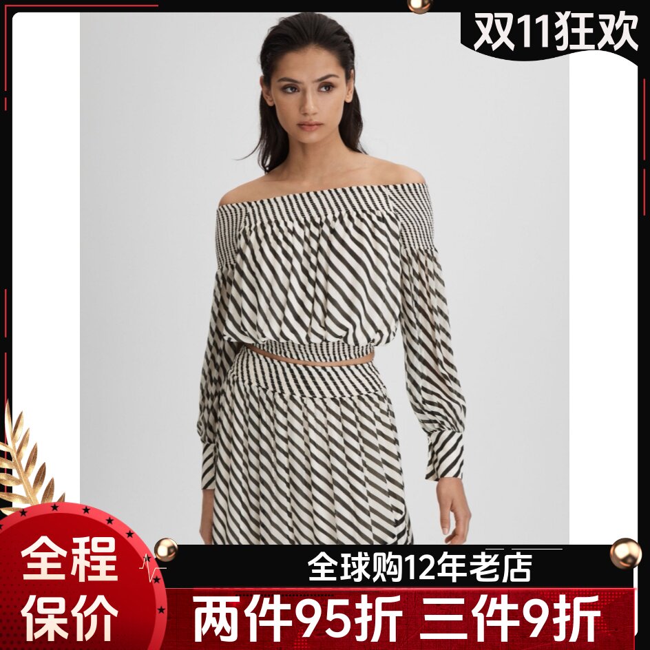 REISS一字领上衣黑白条纹短款长袖轻薄雪纺气质休闲度假风百搭