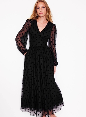 Phase Eight黑色长袖波点连衣裙网纱袖中长A字V领高腰修身优雅