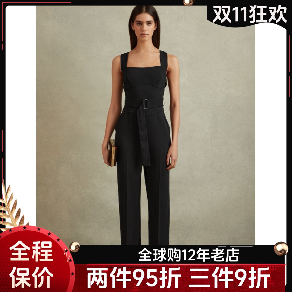 REISS黑色连体裤连衣裤吊带长裤纯色露背高腰配腰带休闲英伦显瘦