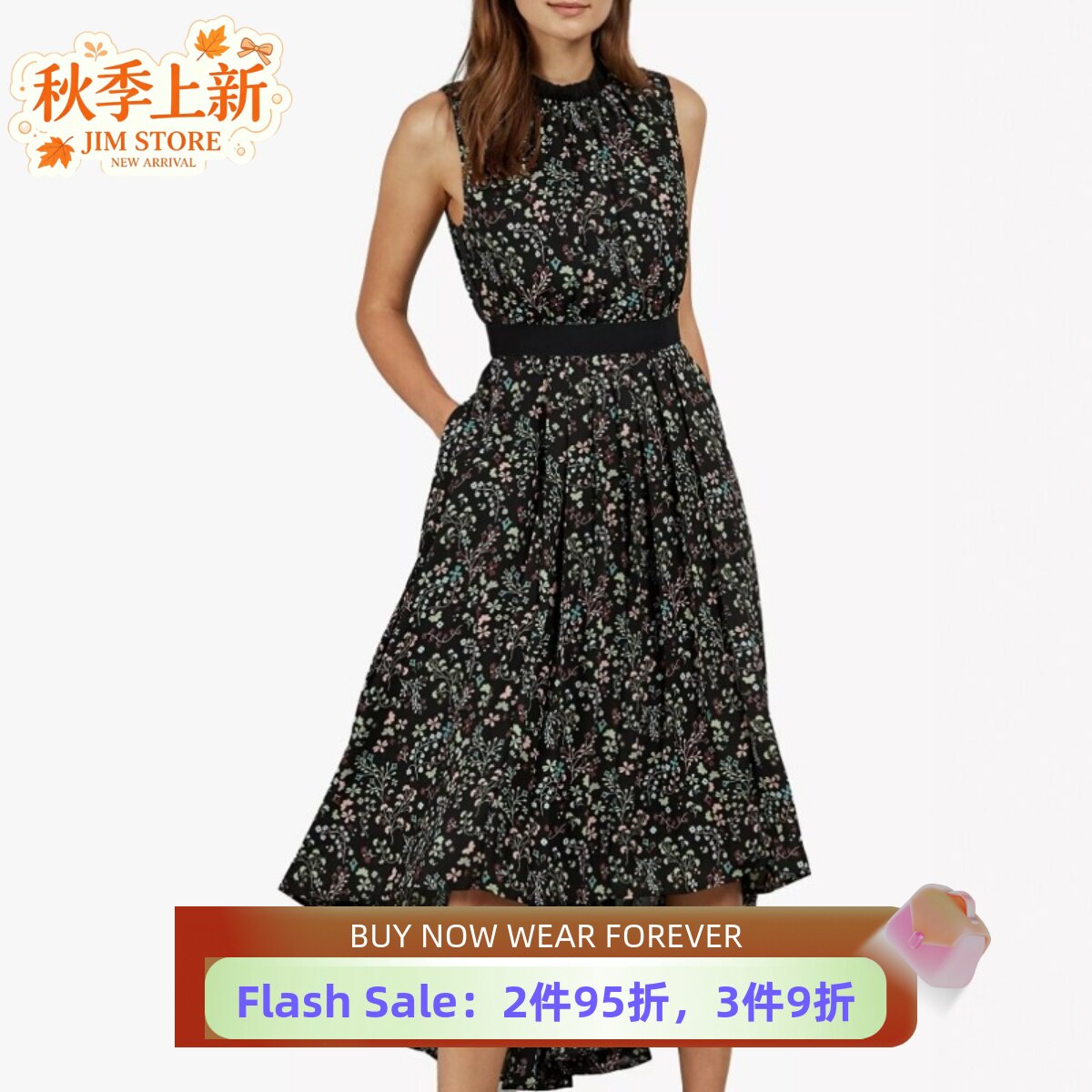 TED BAKER黑白碎花无袖连衣裙中长款高腰修身不规则裙摆气质显瘦