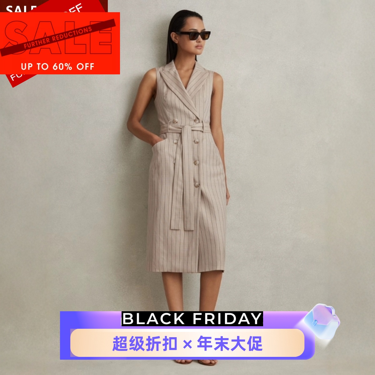 REISS西服领连衣裙包臀裙西服裙双排扣竖条纹中长高腰修身OL风
