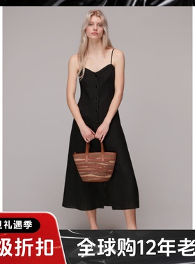 WHISTLES黑色吊带连衣裙中长高腰修身单排纽扣装饰气质英伦显瘦