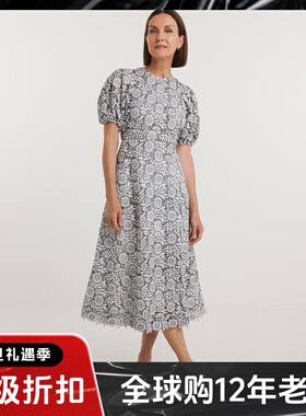 HOBBS短袖连衣裙中长A字高腰黑白修身蕾丝镂空优雅英伦气质显瘦