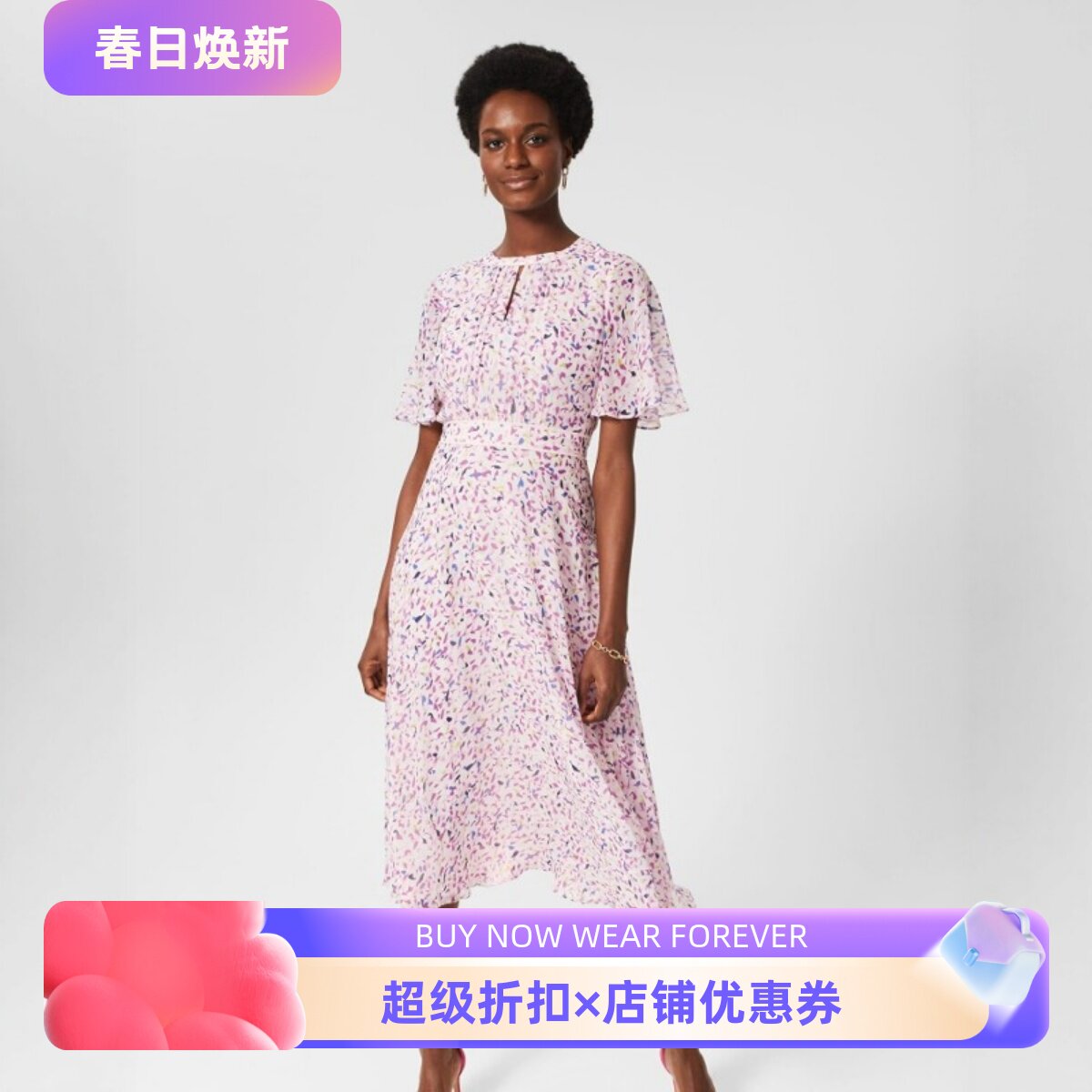 HOBBS淡粉碎花短袖真丝连衣裙茶歇裙圆领中长轻薄飘逸优雅百搭