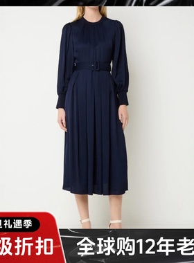 HOBBS藏蓝长袖连衣裙中长款配腰带纯色简约气质日常通勤显瘦