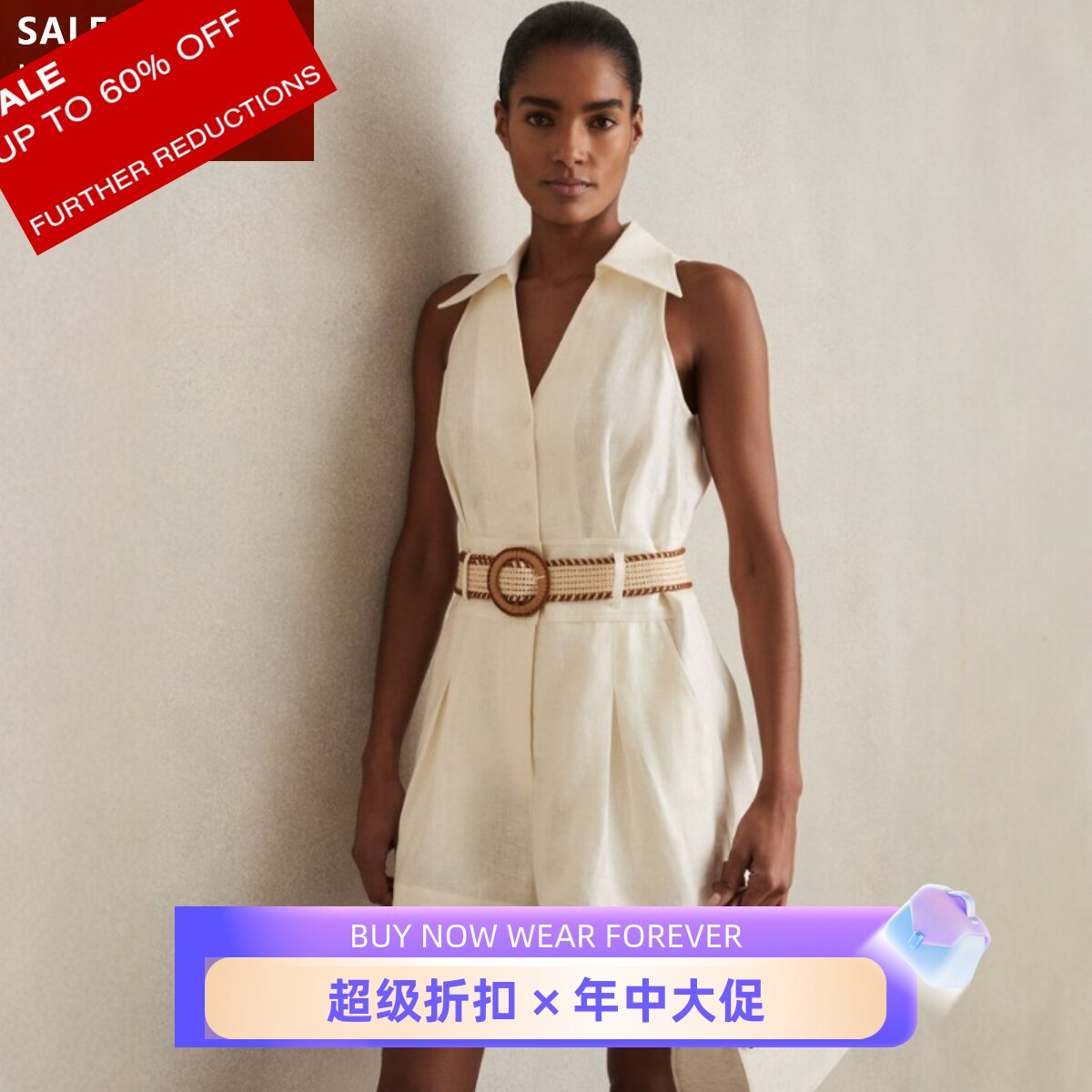 REISS乳白亚麻连体裤短裤无袖衬衫领配腰带纯色简约气质干练通勤