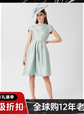 HOBBS短袖连衣裙A字裙浅绿色水晶领蚕丝羊毛大摆清新淑女英伦风