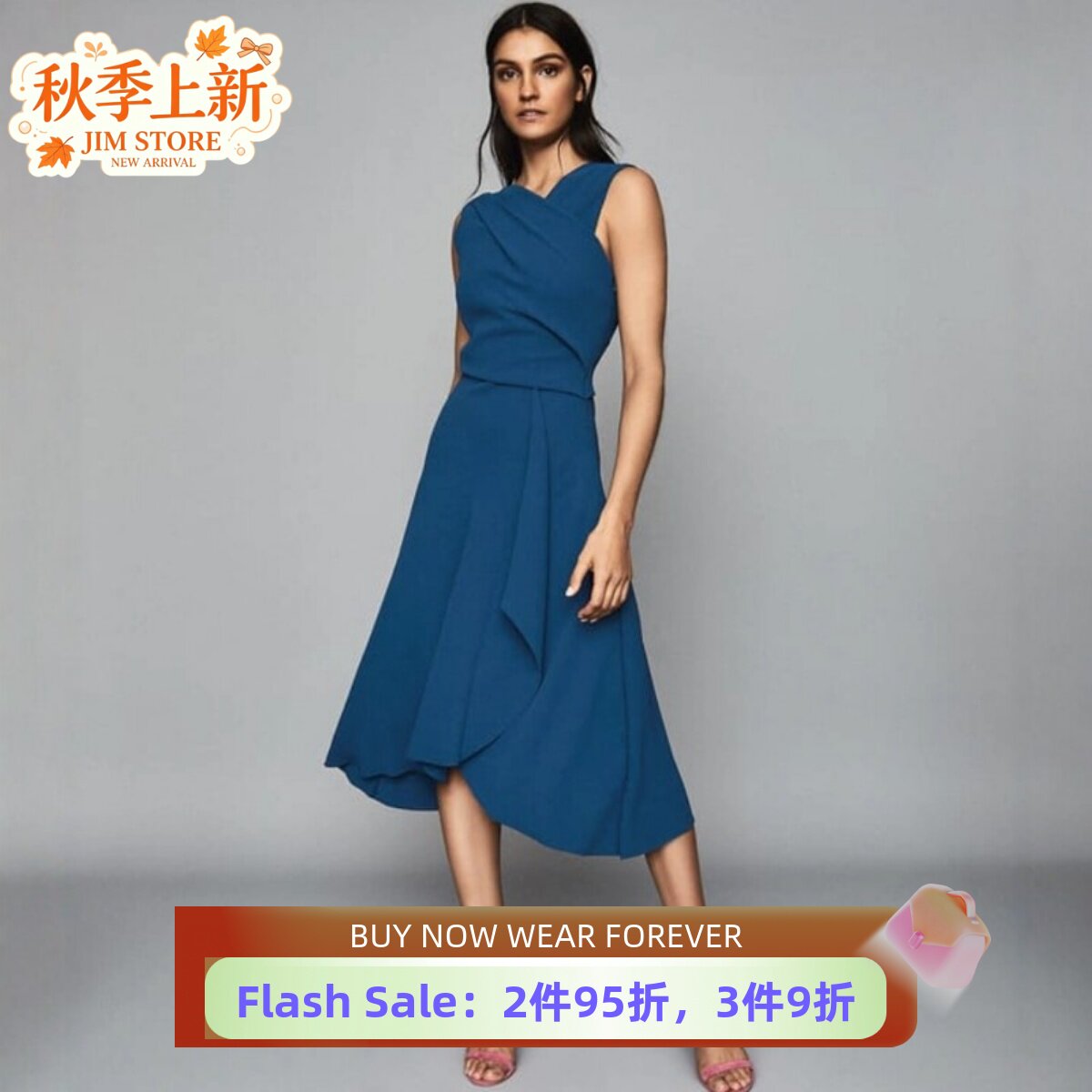 REISS连衣裙中长V领藏蓝色清新淑女通勤公主名媛百搭气质reiss