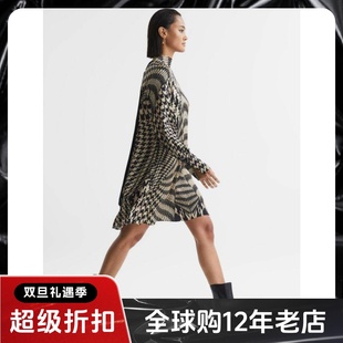 REISS长袖连衣裙千鸟格系带飘带短款一步裙大气英伦风优雅百搭