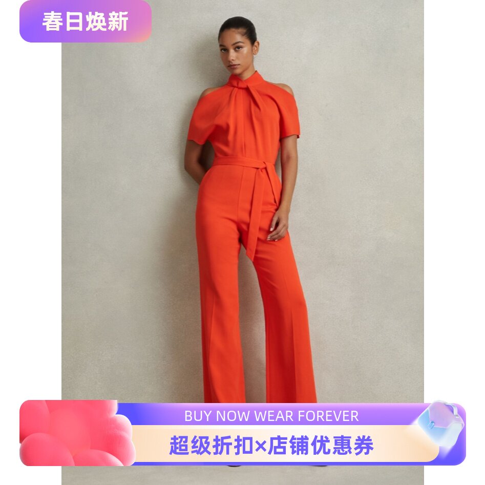 REISS连体裤连体衣橘红短袖长裤露肩系带高腰修身优雅气质干练