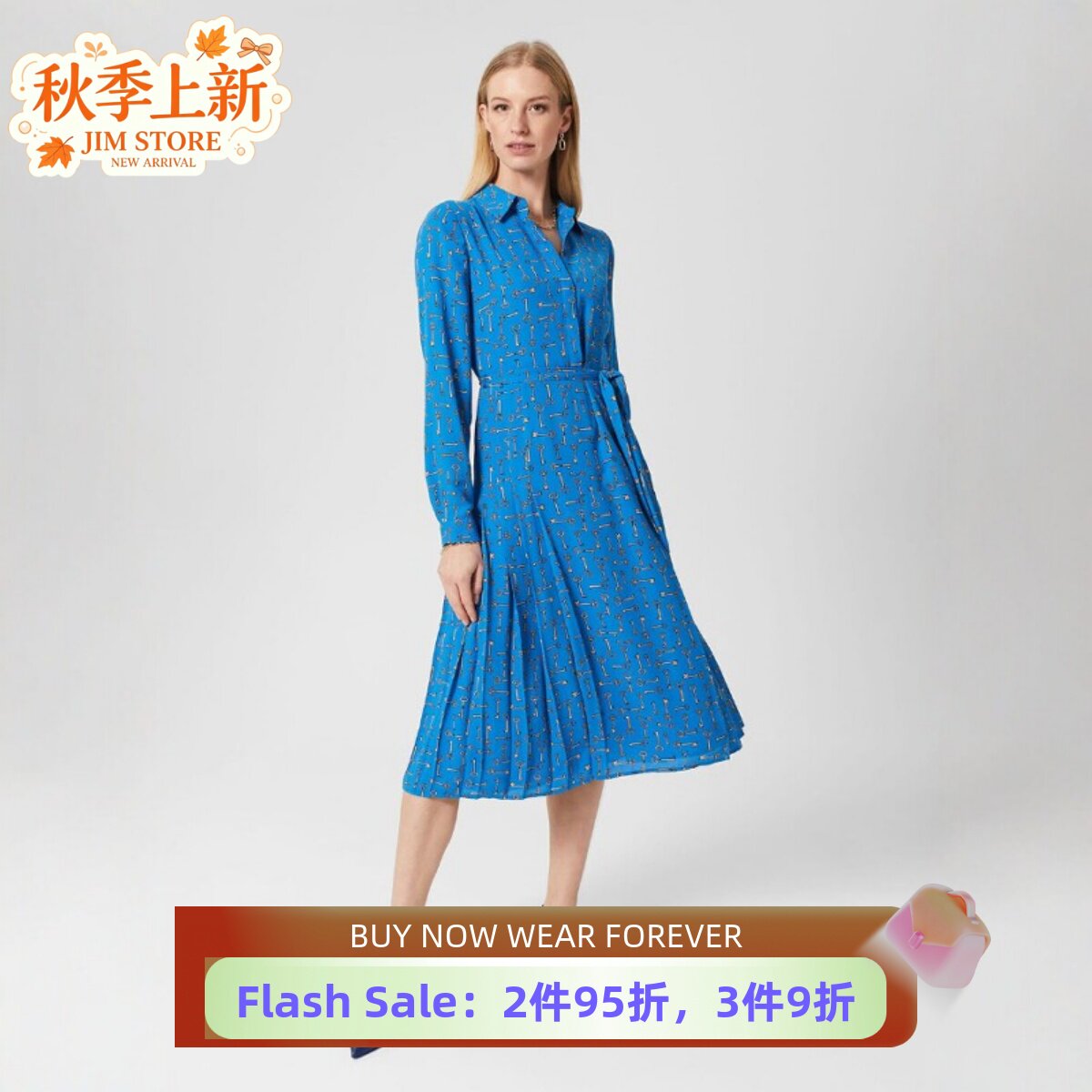 HOBBS长袖连衣裙衬衫裙中长系带百褶钥匙印花气质英伦淑女休闲