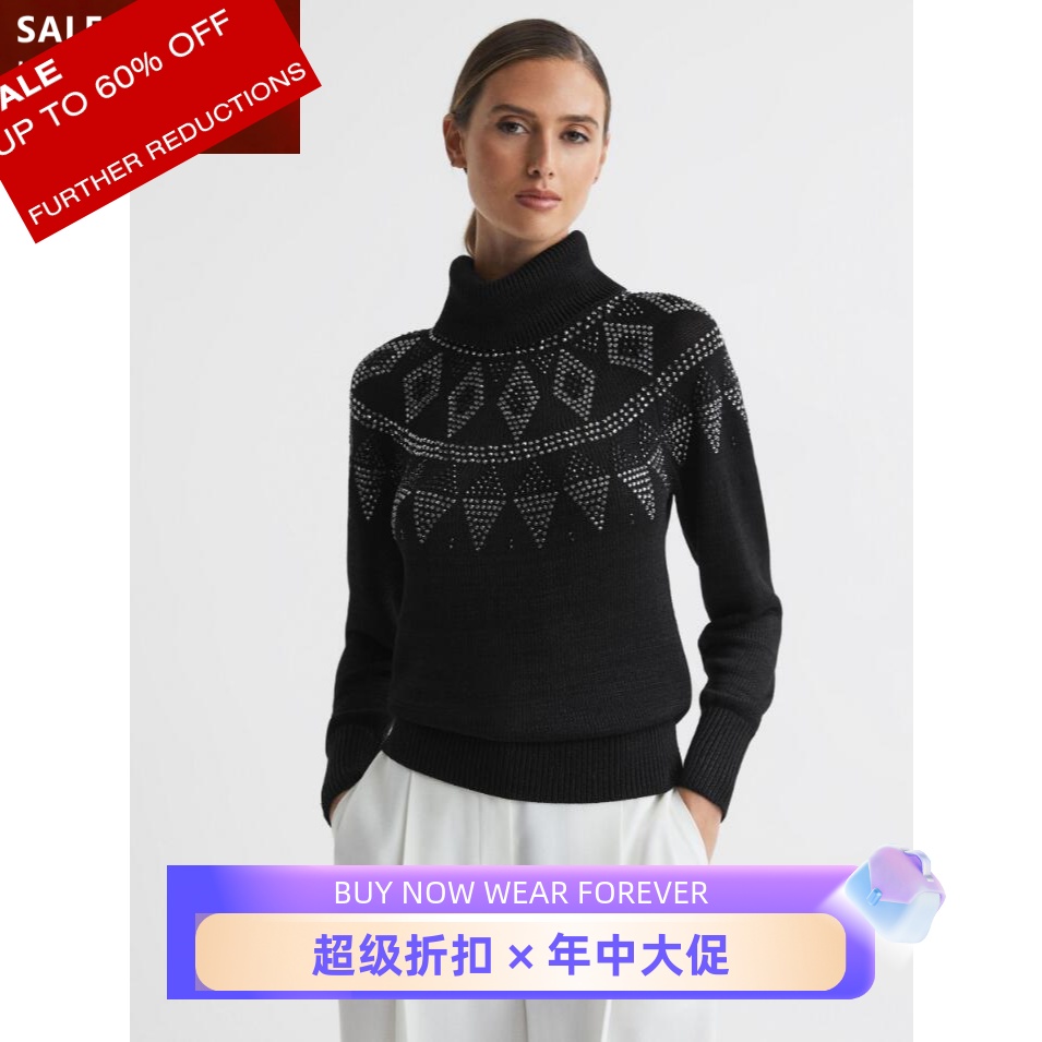 REISS黑色高领菱格纹镶钻毛衣