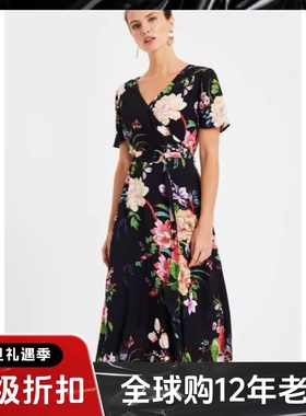 Phase Eight短袖连衣裙黑色印花系带中长V领碎花优雅气质英伦百搭