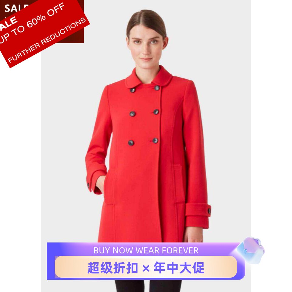 HOBBS秋冬新款双排扣大衣外套红色常规款翻领淑女简约英伦通勤OL