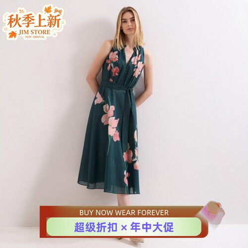 Phase Eight无袖连衣裙V领青绿印花系带高腰修身优雅气质飘逸百搭