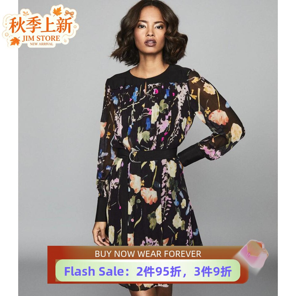 REISS连衣裙一步裙长袖秋冬新碎花束腰优雅英伦名媛通勤reiss代购