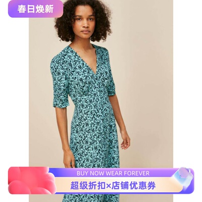 WHISTLES短袖连衣裙浅色碎花中长A字修身V领优雅淑女清新气质百搭