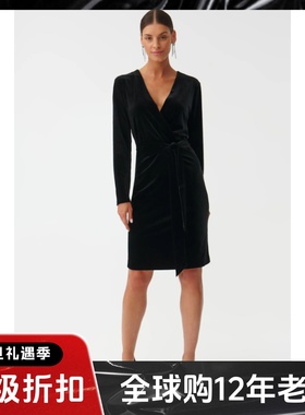 UNI CLOSET长袖丝绒黑色连衣裙裹腰系带裙中长光泽垂感简约气质