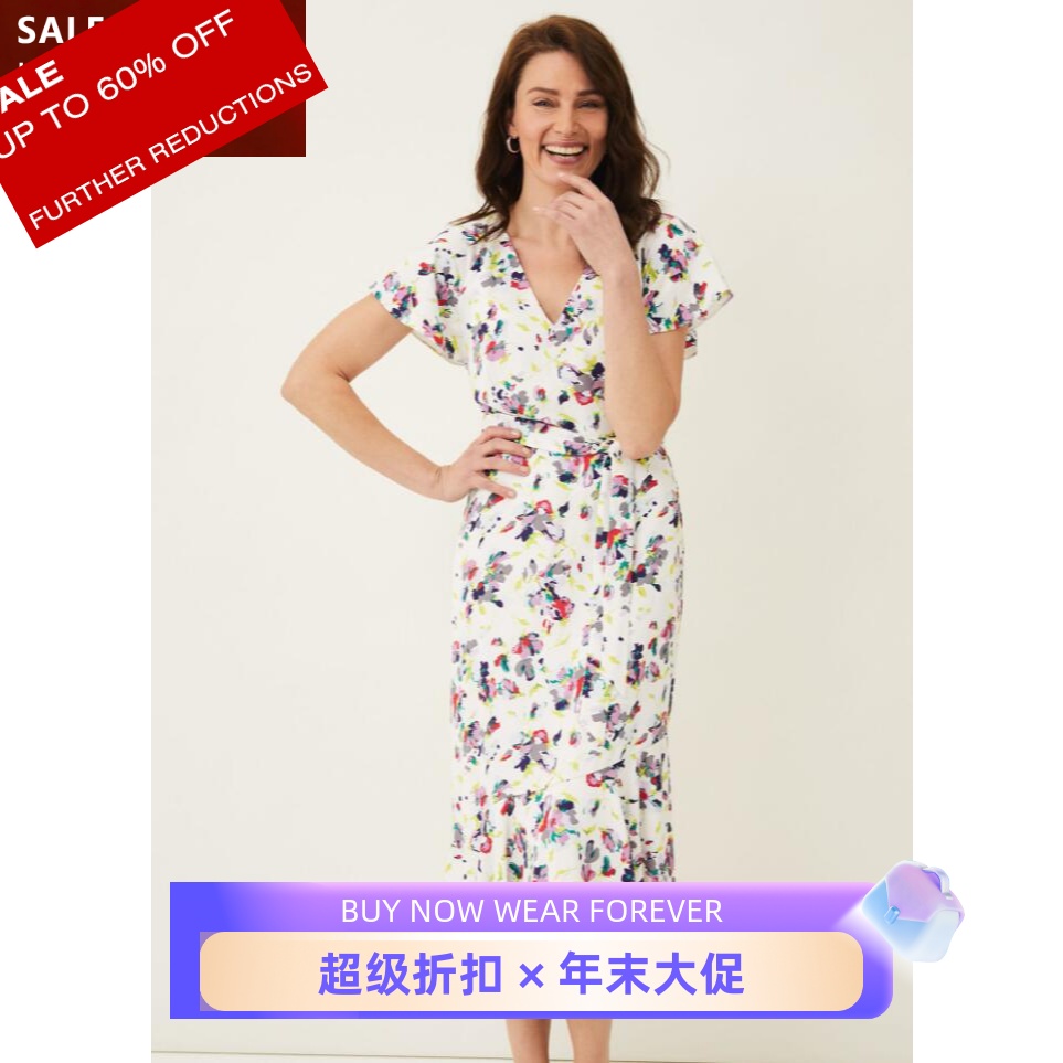 Phase Eight短袖连衣裙白色对话印花中长一步裙系带修身清新淑女