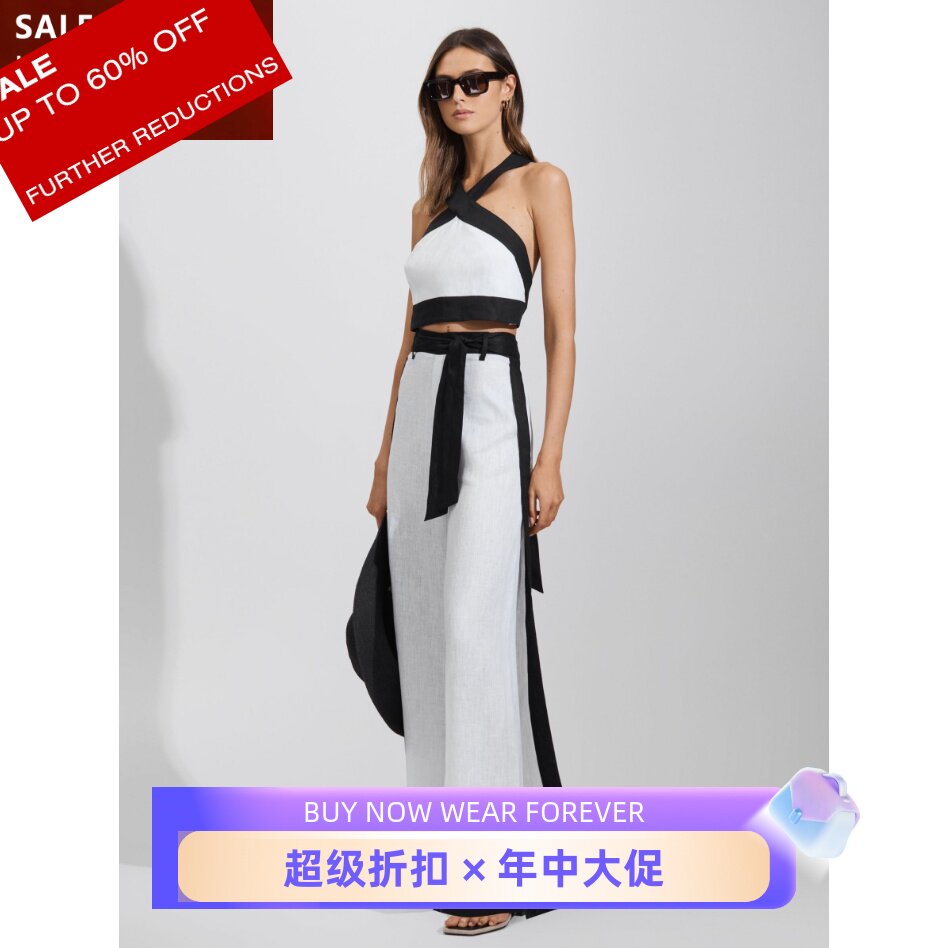 REISS白色女裤长裤休闲裤夏季亚麻系带侧条纹直筒简约休闲气质