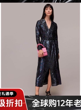 WHISTLES礼服裙连衣裙长袖亮片中长款衬衫领系带修身气质英伦名媛