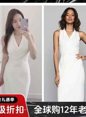 REISS连衣裙针织白色包臀无袖V领系带修身优雅淑女气质百搭
