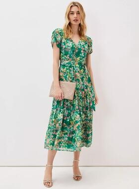 Phase Eight短袖连衣裙绿色碎花长裙高腰V领裹腰清新淑女度假休闲