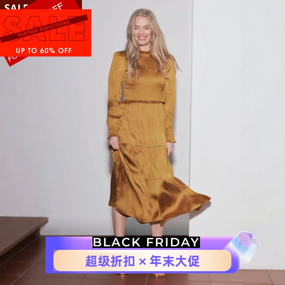 HOBBS长袖连衣裙中长款H型黄褐色气质英伦风优雅大气名媛