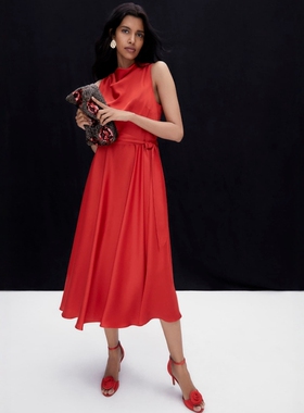 Phase Eight红色断面礼服裙度假裙连衣裙长裙系带大摆堆堆领优雅