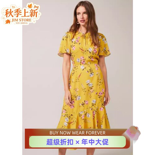 Phase Eight短袖连衣裙中长黄色碎花印花鱼尾H型修身优雅英伦淑女
