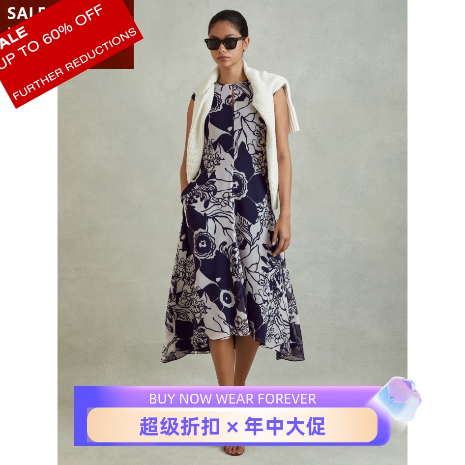 REISS藏蓝印花露背度假裙