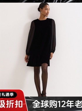 Phase Eight黑色长袖丝绒连衣裙一步裙短款纯色简约气质显瘦百搭