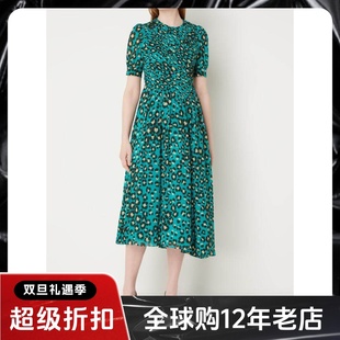 WHISTLES连衣裙短袖青绿波点抽象印花斜摆中长高腰英伦风气质修身