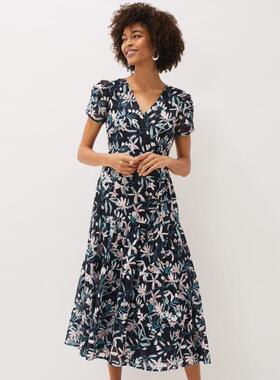 Phase Eight连衣裙短袖碎花藏蓝中长高腰修身系带V领飘逸优雅百搭