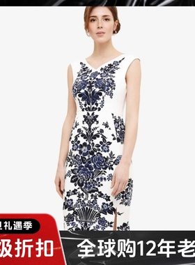 Phase Eight白色包臀连衣裙中长款V领无袖青蓝印花高腰修身英伦风