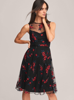 Phase Eight黑色刺绣连衣裙纱网A字无袖中长款系带修身优雅英伦风