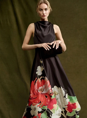 Phase Eight黑色大摆连衣裙礼服裙长裙印花堆堆领高腰修身优雅