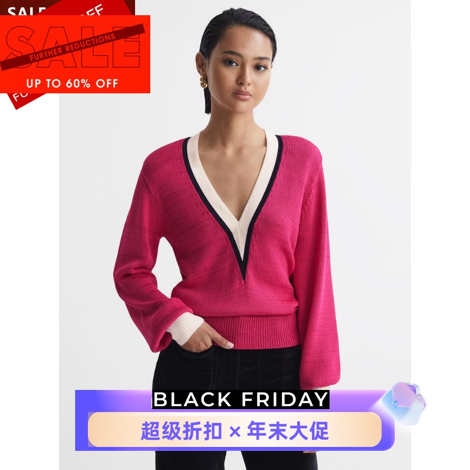 REISS粉色长袖针织衫V领条纹拼色