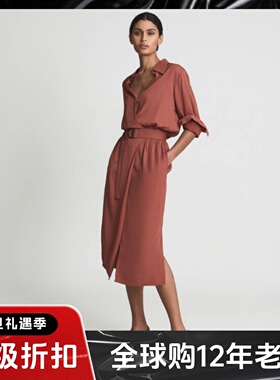 REISS锈红色长袖衬衫裙中长裙系带束腰H型缎面飘逸优雅通勤OL气