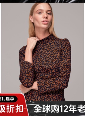 WHISTLES长袖连衣裙中长款深色红叶树叶印花碎花修身复古英伦气质