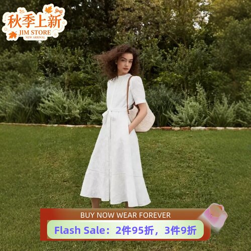 HOBBS短袖连衣裙茶歇裙圆领浮雕刺绣系带中长简约百搭优雅大气