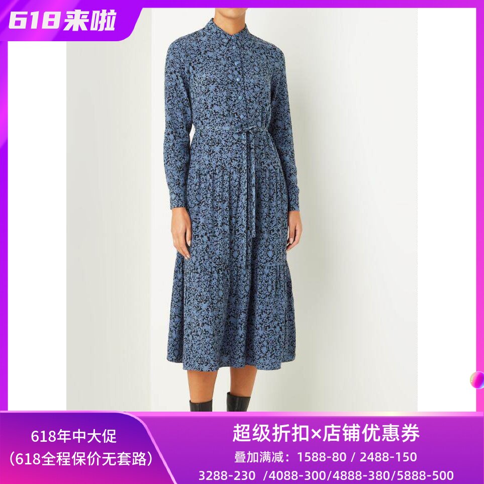 WHISTLES秋冬新长袖连衣裙中长束腰衬衫裙蓝碎花清新淑女气质百搭