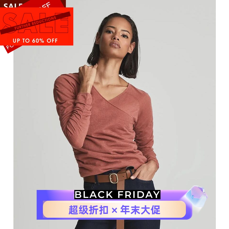 REISS女长袖针织衫粉红色V领拼接纯色淑女通勤OL百搭舒适