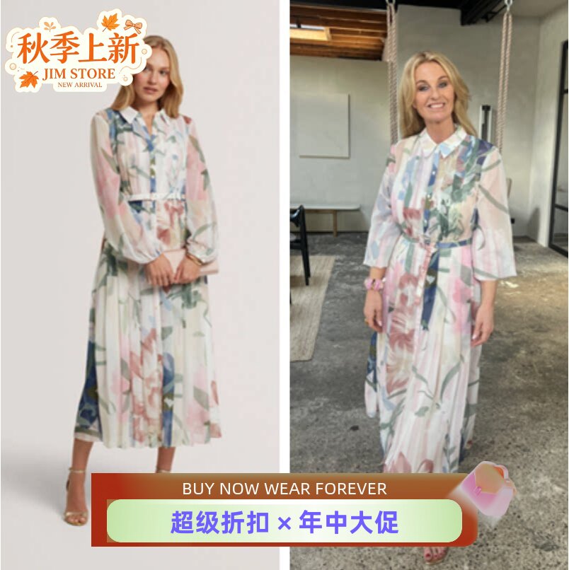 TED BAKER长袖连衣裙衬衫百褶裙印花配腰带中长款优雅飘逸